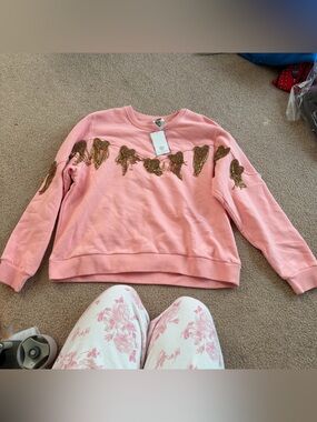 Queen of sparkles pink rhinestone fringe heart embellished sweatshirt crew